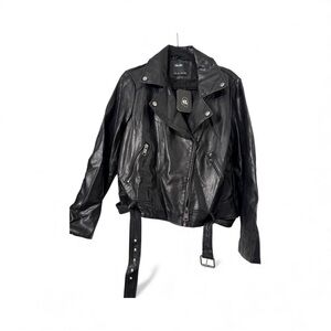 NWT Elodie Black Faux Leather Moto Biker Jacket Full‎ Zip Belted Women's Size L